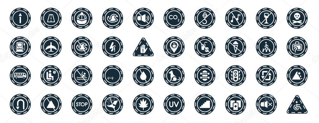 set of 40 filled signs web icons in glyph style such as roads, gas station, bus, u turn, pedestrian, death, co2 icons isolated on white background