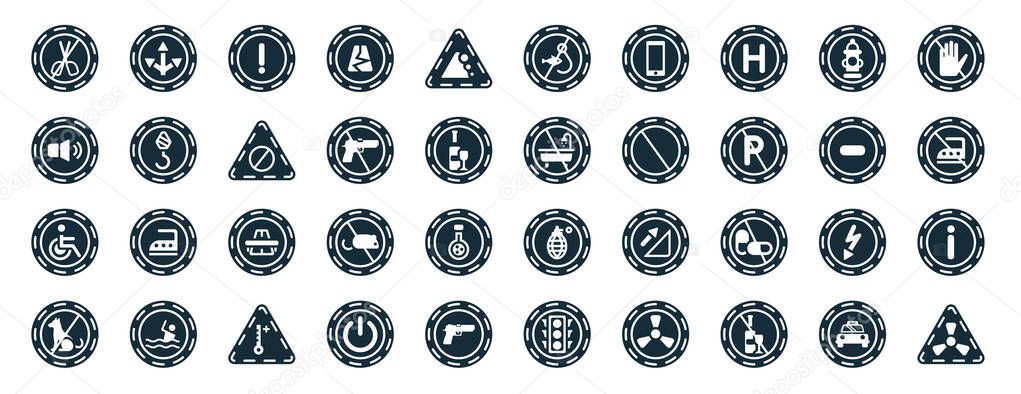 set of 40 filled signs web icons in glyph style such as junction, noise, disability, no pets, no entry, no touch, fishing icons isolated on white background