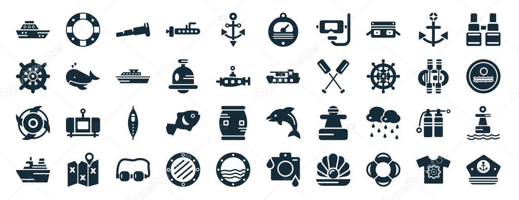 set of 40 filled nautical web icons in glyph style such as life preserver, helm, ship engine propeller, ferry facing right, rubber raft, binocular, barometer icons isolated on white background
