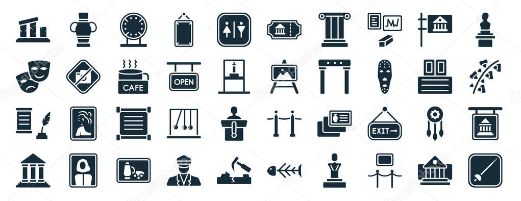 set of 40 filled museum web icons in glyph style such as ceramic, mask, poetry, museum building, archivist, bust, museum ticket icons isolated on white background