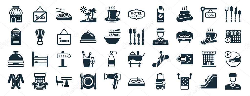 set of 40 filled hotel and restaurant web icons in glyph style such as no smoking, agenda, reception bell, suits, breakfast, eating utensils, five stars icons isolated on white background