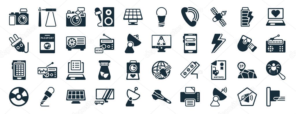 set of 40 filled technology web icons in glyph style such as lamp post, power plug, spreadsheet, holiday, wireless mouse, laptop with a heart, led lamp icons isolated on white background