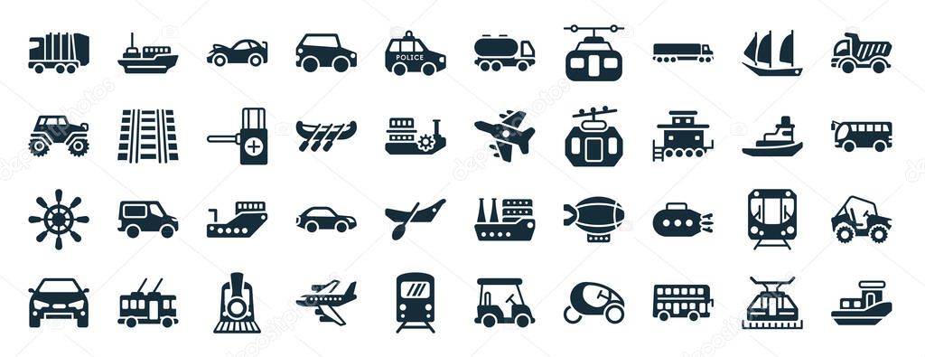 set of 40 filled transportation web icons in glyph style such as icebreaker ship, all terrain, ship helm, car frontal view, tugboat, haul, tanker icons isolated on white background