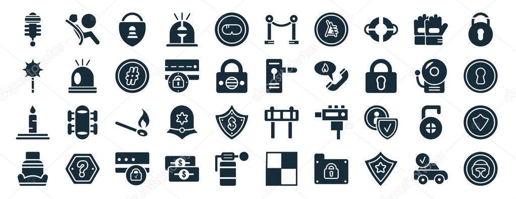 set of 40 filled security web icons in glyph style such as airbag, e, candles light, safety seat, emergency bell, padlock close, picket icons isolated on white background