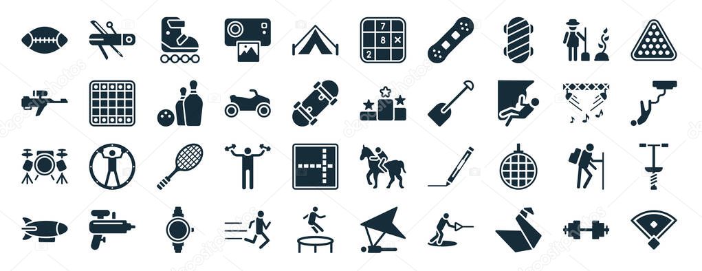 set of 40 filled free time web icons in glyph style such as multitool, paintball, drum, airship, concert, billiard, sudoku icons isolated on white background