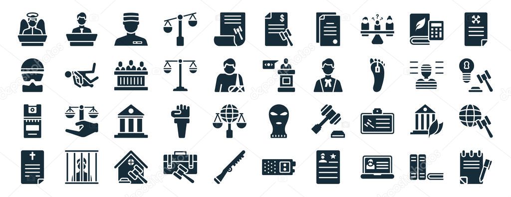 set of 40 filled law and justice web icons in glyph style such as counsel, , pepper spray, death certificate, prisoner, crime letter, tax law icons isolated on white background