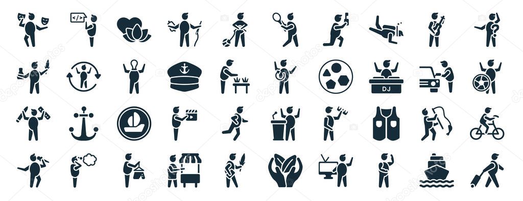 set of 40 filled people skills web icons in glyph style such as programmer, calligraphist, interior de, singer, chauffer, doubt, tennis player icons isolated on white background