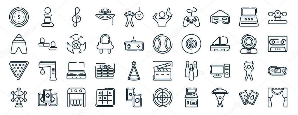 set of 40 flat entertainment and arcade web icons in line style such as chess piece, festival, billiards, amusement park, crystal, playground, shooter icons for report, presentation, diagram, web