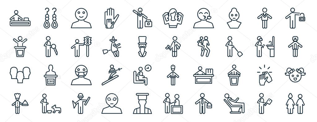 set of 40 flat people web icons in line style such as earings, leader speech, heads, cooker with tray, man shaving, man with open lock, pulling hair icons for report, presentation, diagram, web