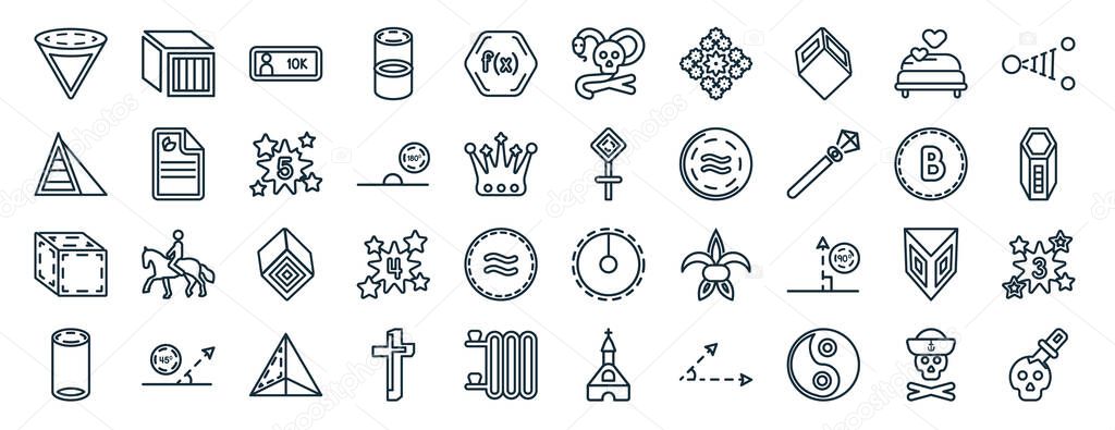 set of 40 flat shapes web icons in line style such as rectangular prism volume, triangular pyramid from top view, cube, cylinder volumetrical, halving, sharing media, skull and snake icons for