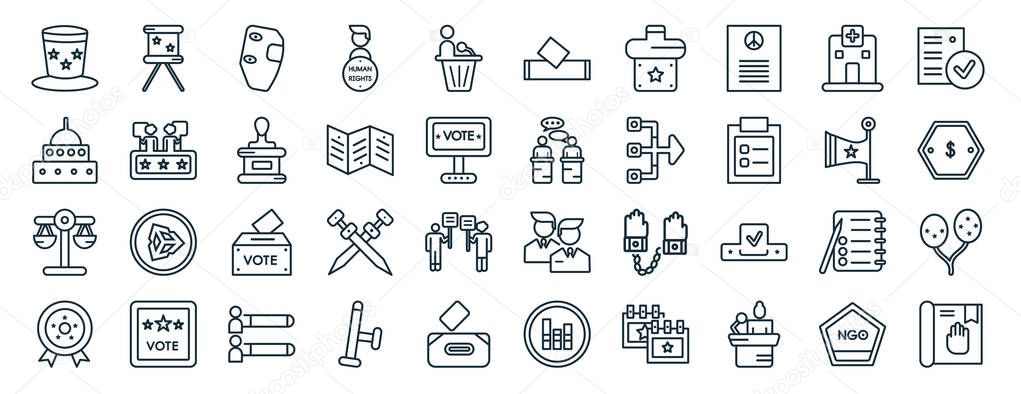 set of 40 flat political web icons in line style such as election envelopes and box, american government building, political balance, elections badge with a star, political flag, checking, voting