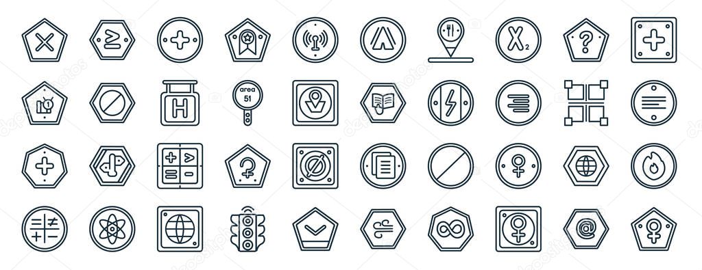 set of 40 flat signs web icons in line style such as is greater than or equal to, class reward, add, basic mathematical, borders, addition thick, tent icons for report, presentation, diagram, web