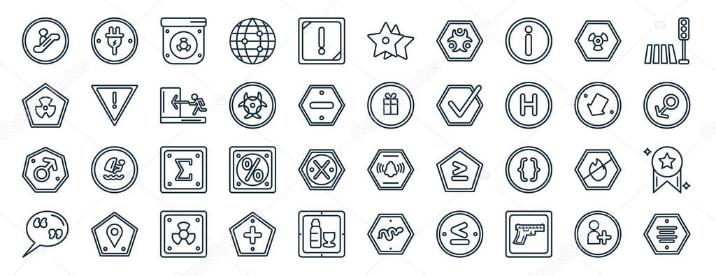 set of 40 flat signs web icons in line style such as plug, radiation, male, quotes, align, crossing, favourite star icons for report, presentation, diagram, web design