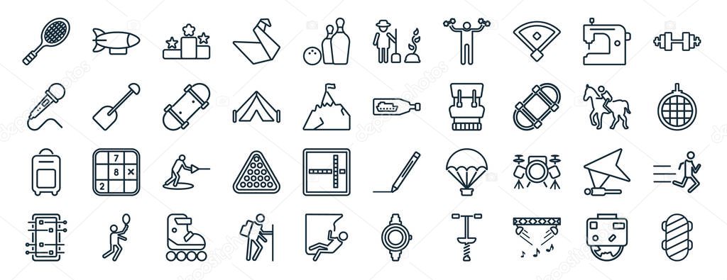 set of 40 flat hobbies web icons in line style such as airship, karaoke, bags, table football, riding, dumbell, gardening icons for report, presentation, diagram, web design