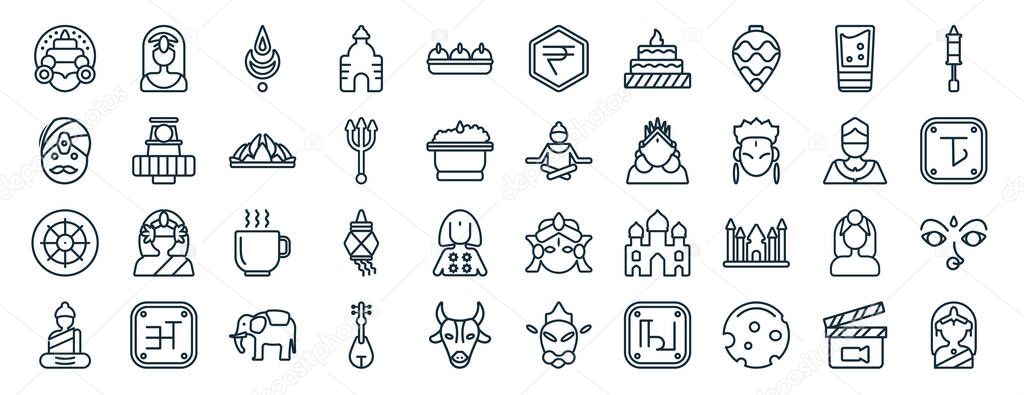 set of 40 flat india web icons in line style such as indra, indian man, ashoka, buddha, chandra, holi, nakatheng icons for report, presentation, diagram, web design
