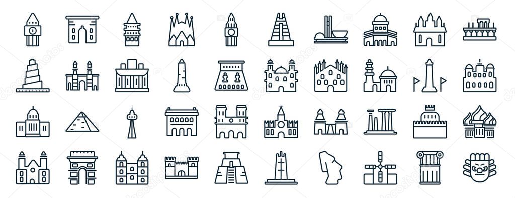 set of 40 flat monuments web icons in line style such as ejer baunehoj, great mosque of samarra, united states capitol, chartres cathedral, national mall, roman theatre of merida, the icons for