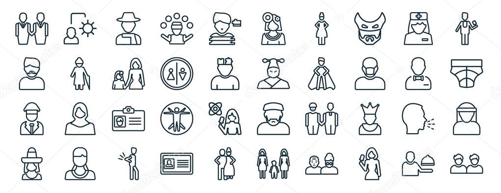 set of 40 flat people web icons in line style such as ecosystem, hairy, aviation, mexican woman, elegant, foreign reporter, colombian icons for report, presentation, diagram, web design
