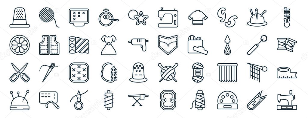 set of 40 flat sew web icons in line style such as yarn, spokes, sewing scissors, pin holder, tracing wheel, slide fastener, sewing hine icons for report, presentation, diagram, web design