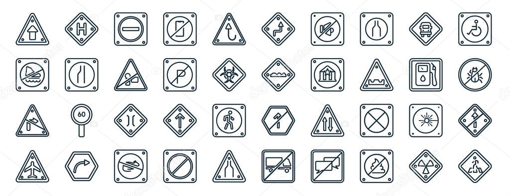 set of 40 flat traffic signs web icons in line style such as hospital, no skating, no turn, airport, gas station, handicap, right reverse bend icons for report, presentation, diagram, web design