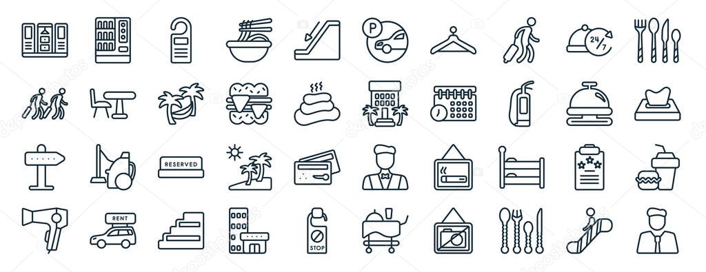 set of 40 flat hotel and restaurant web icons in line style such as vending hine, people, hotel, hairdryer, reception bell, eating utensils, parking icons for report, presentation, diagram, web