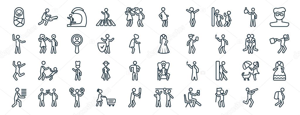 set of 40 flat people web icons in line style such as the texas chain saw massacre, goodbye, man celebrating, student books, man hugging, teenager with sun glasses, pregnant priority icons for