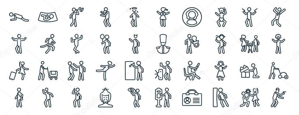 set of 40 flat people web icons in line style such as ultrasonography, biceps of a man, woman carrying, students, parents, businessman dancing, scholar girl front icons for report, presentation,