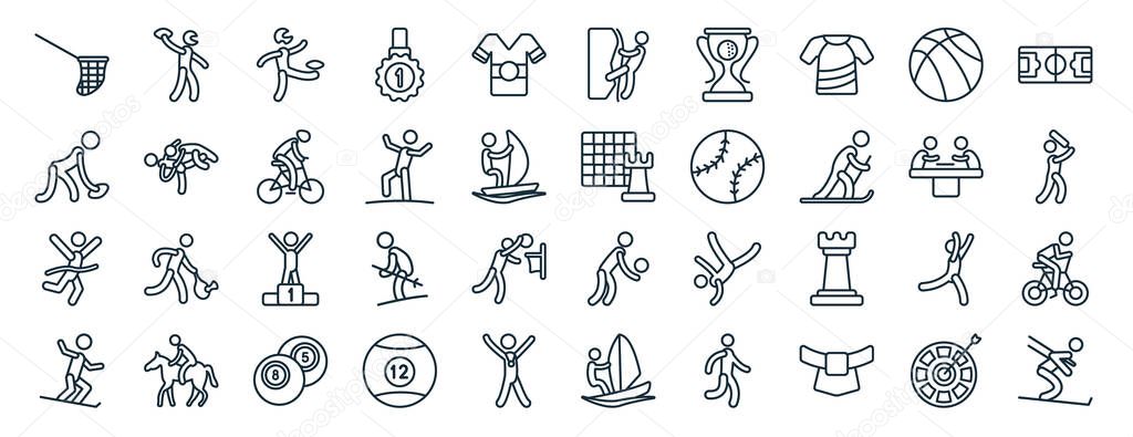 set of 40 flat sports web icons in line style such as american football player playing throwing the ball in his hand, american football player, marathon champion, stick figure on snowboard, board