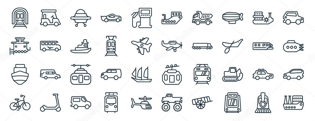 set of 40 flat transportation web icons in line style such as golf cart, caboose, boat front view, vintage bicycle, monorail, compact car, pt boat icons for report, presentation, diagram, web design