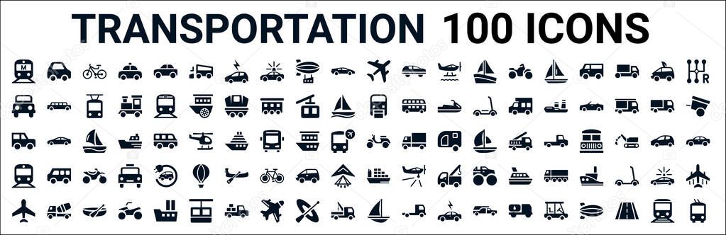 set of 100 glyph transportation web icons. filled icons such as litter car,off road,monorail,jalopy,vespa,subway,cargo ship,schooner. vector illustration