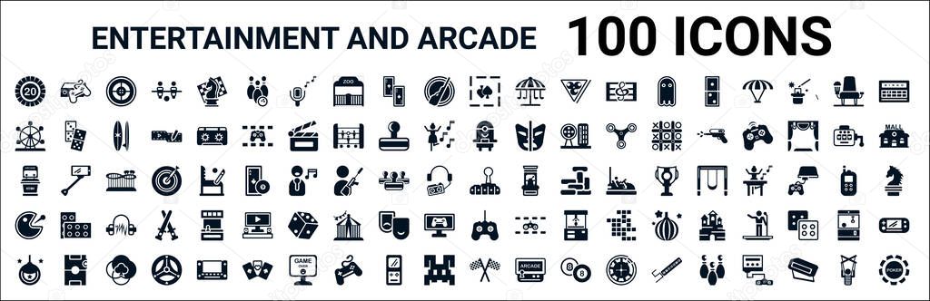 set of 100 glyph entertainment and arcade web icons. filled icons such as game console,ferris wheel,minion,arcade machine,joystick,pacman,game controller,racing. vector illustration