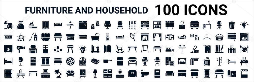 set of 100 glyph furniture and household web icons. filled icons such as garbage bags,cabinets,mirror,freezer,adornment,bed,gateleg table,chest of drawers. vector illustration