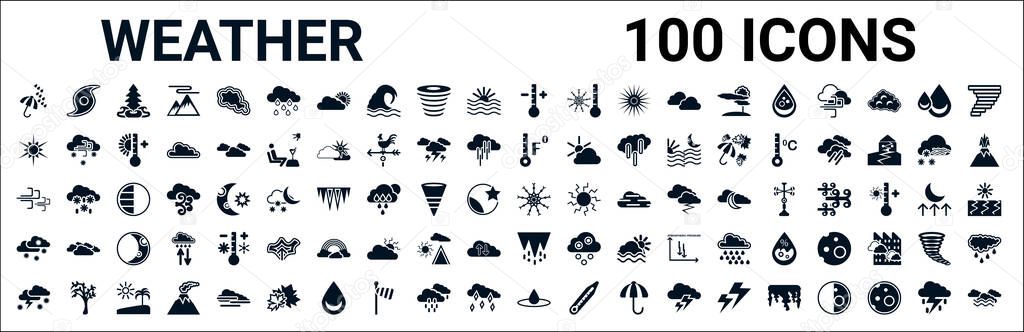 set of 100 glyph weather web icons. filled icons such as tropical storm,sunshine,farenheit,sand storms,frost,snow cloud,thaw,deluge. vector illustration