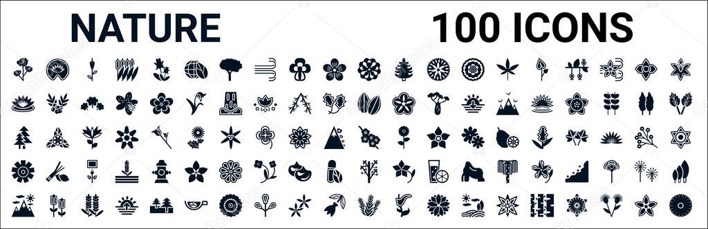 set of 100 glyph nature web icons. filled icons such as nymphea,lotus,almond,pine,sakura,dianthus,tree,rosemary. vector illustration
