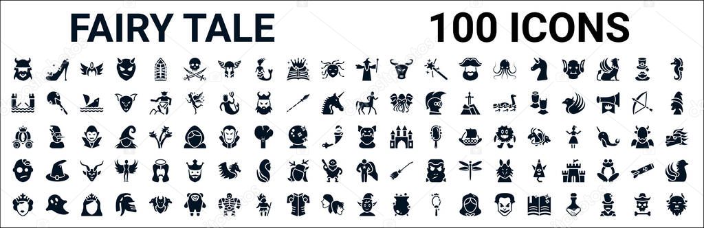 set of 100 glyph fairy tale web icons. filled icons such as cinderella shoe,drawbridge,centaur,cinderella carriage,ogre,zombie,hero,elf. vector illustration