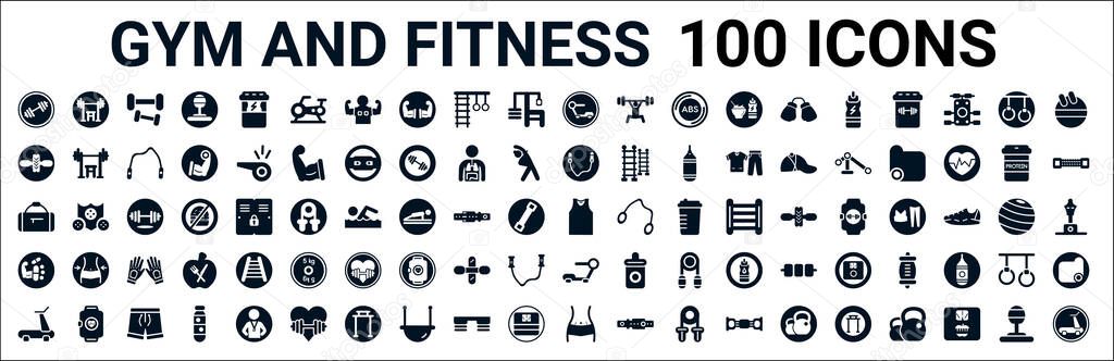set of 100 glyph gym and fitness web icons. filled icons such as press,roller,jumping rope,sport bag,sleeveless,steroids,rowing machine,fitness body. vector illustration