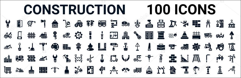 set of 100 glyph construction web icons. filled icons such as doors open,tow truck,big building,derrick with tong,big shovel, ,inclined magnet,flags crossed. vector illustration