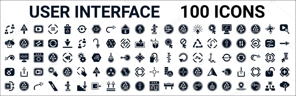 Set of 100 glyph user interface web icons. filled icons such as curvy road ahead,cloud with connection,mouse clicker,curve left arrow,refresh button,loop arrow,expand button,bending. vector