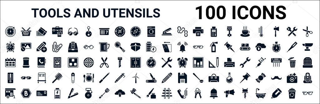 set of 100 glyph tools and utensils web icons. filled icons such as empty shopping basket,clocks,shear,calendar with six days,reparation,mercury thermometer degrees,pencil tool,hanging ladder.