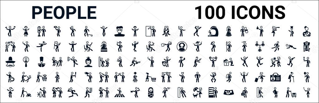 set of 100 glyph people web icons. filled icons such as getting dressed,chat balloon,man walking through the wind,mexican hat and mustache,insurance protection,electromagnet,occupant,man making soap