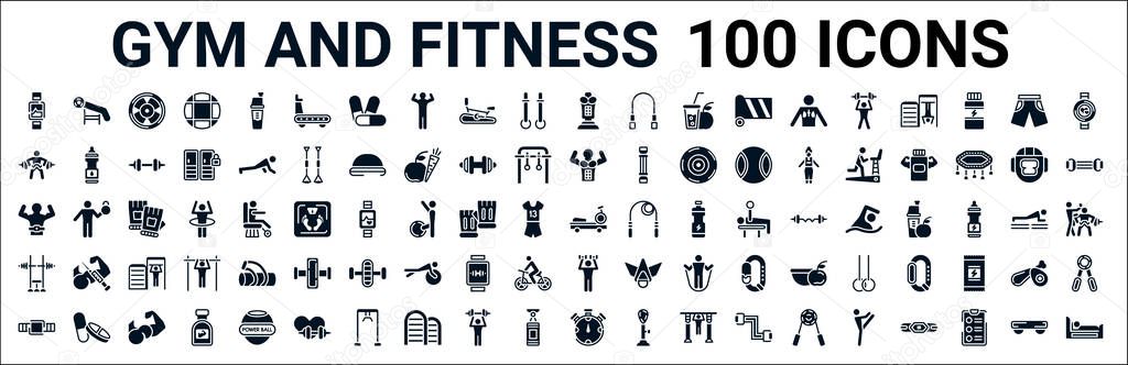 set of 100 glyph gym and fitness web icons. filled icons such as simulator for press,exercising dumbbell,bodybuilder,lumbar belt,rowing machine,barbell bench press,lifting dumbbells,big stopwatch.