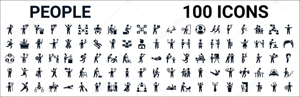 set of 100 glyph people web icons. filled icons such as businessman talking about yen,girl running,vertical,relation,physiotherapy,man angry,man sitting in the bathroom,phone assistance. vector