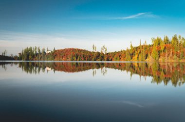 Sonbahar ormanı suya yansıyor. Dağlarda renkli bir sonbahar sabahı. Dağ gölünde renkli bir sonbahar sabahı. Renkli sonbahar manzarası. Kanada 'da sonbahar