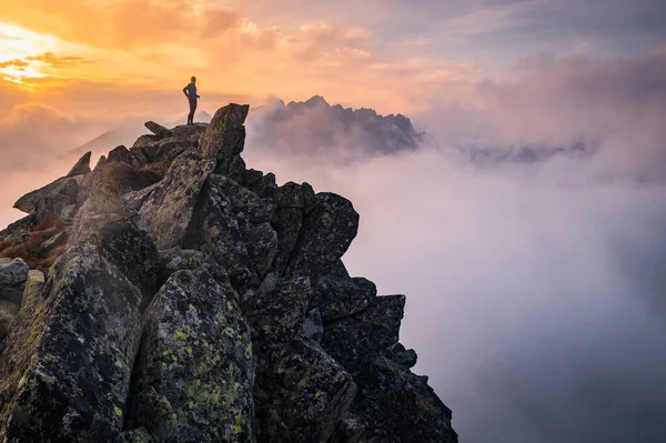 Man stands alone on the peak of rock. Hiker watching to autumn Sun at horizon . Beautiful moment the miracle of nature. Colorful mist in valley. Man hike. Person silhouette stand