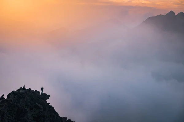 Sportowiec Szczycie Góry Spoglądający Górską Dolinę Promieniami Słońca Kolorowym Zachodzie — Zdjęcie stockowe