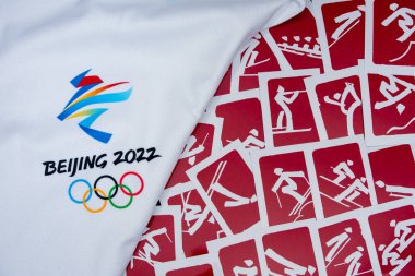 BEIJING, Çin, 1 Ocak 2022: 2022 Pekin, Çin 'de kış olimpiyatları için arka plan. Arka plandaki tüm sporların kırmızı resim grafiği