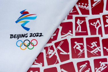 BEIJING, Çin, 1 Ocak 2022: 2022 Pekin, Çin 'de kış olimpiyatları için arka plan. Arka plandaki tüm sporların kırmızı resim grafiği