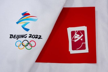 BEIJING, ÇİN, HAZİRAN 1, 2022: Freeski Halfpipe Piktogram Kış Olimpiyatları için Pekin 2022, Çin. Orijinal Duvar Kağıdı, Boşluğu düzenle