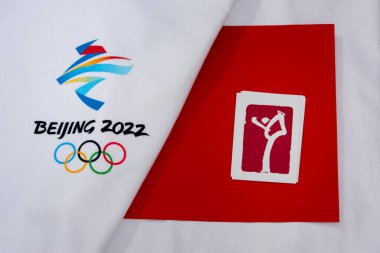 BEIJING, ÇİN, HAZİRAN 1, 2022: Pekin 2022, Çin 'de Kış Olimpiyatları için Artistik Patinaj Resmi Olimpiyat Piktogramı. Orijinal Duvar Kağıdı, Boşluğu düzenle