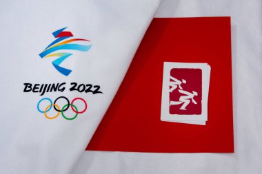 Pekin, Çin, 1 Ocak 2022: Pekin 2022 Kış Olimpiyatları için Hız Pateni Resmi Olimpiyat Piktogramı. Orijinal Duvar Kağıdı, Boşluğu düzenle