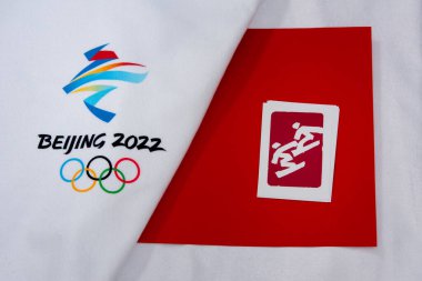 BEIJING, ÇİN, HAZİRAN 1, 2022: Çin 'deki Pekin 2022 kış olimpiyatları için Snowboard Cross Piktogramı. Orijinal Duvar Kağıdı, Boşluğu düzenle